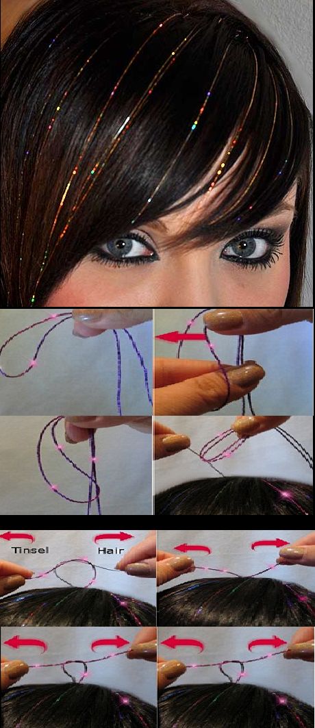 Beauty Tutorials: Instructions To Apply Hair Tinsel Hair Tinsel Storage, Hair Tinsels, Christmas Hair Color Ideas, Tinsel Hair, Diy Hair Color, Hair Tinsel, Fairy Hair, Christmas Hair, Glitter Hair