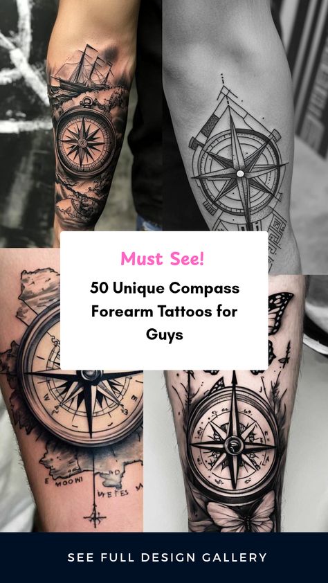 Discover 50 stunning compass forearm tattoo ideas for men. The pin showcases ambitious designs highlighted by maps, emphasizing adventurous spirit and personal style with an infectious vibe using 4 eye-catching images. Compass Forearm Tattoo, Pirate Compass Tattoo, Captain Tattoo, Forearm Tattoos For Guys, Compass Tattoo Ideas, Geometric Compass Tattoo, Pirate Compass, Nautical Compass Tattoo, Simple Compass Tattoo