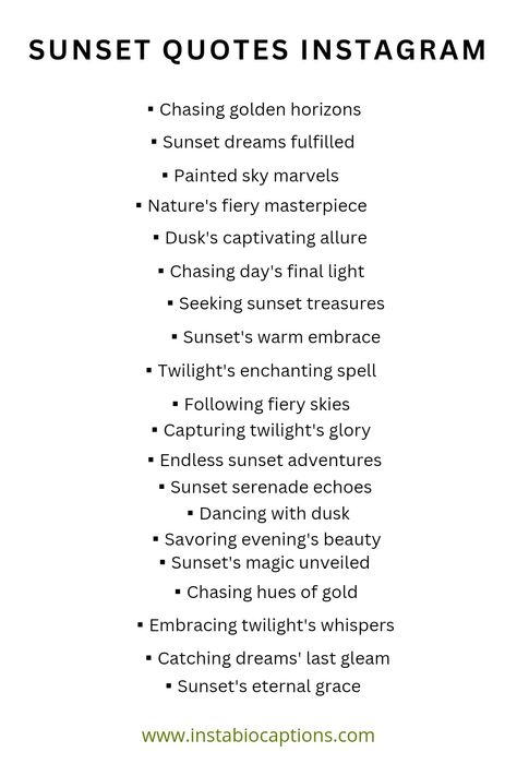 Capture the beauty of dusk with inspiring sunset quotes for your Instagram feed. 🌅 Embrace the breathtaking hues and profound reflections as you immerse yourself in the magic of sunsets. 🌇 Let these soul-stirring quotes paint your captions with warmth and wonder. Share the splendor of nature's farewell with your followers! #SunsetQuotes #InstagramCaptions #SunsetMagic Sunset Reflection Quotes, Sun Light Captions For Instagram, Sunset Quotes Deep Short, Capture Quotes Photography Words, Quotes On Sunset Beauty, Sunset Story Caption, Short Profound Quotes, Soulful Captions, Sunset Short Captions