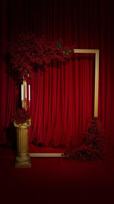 Studio 39 | Rentable Studio for Creators & Photographers | Isn’t she lovely 🥀 Oversized gold frame with red florals & red velvet curtains .. #contentcreator #Contentstudio #Inlandempire… | Instagram Draping Techniques Decor, Red Events, Red Velvet Curtains, Gala Decorations, Draping Techniques, Red Wedding Theme, Red Drapes, Red Backdrop, Velvet Drapes