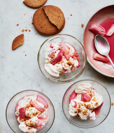 Ravneet Gill’s recipe for rhubarb fool with ginger biscuits | Baking | The Guardian Ravneet Gill, Rhubarb Fool, Fruit Fool, Trifle Pudding, Custard Cream, Ginger Biscuits, Cold Desserts, Rhubarb Recipes, Golden Syrup