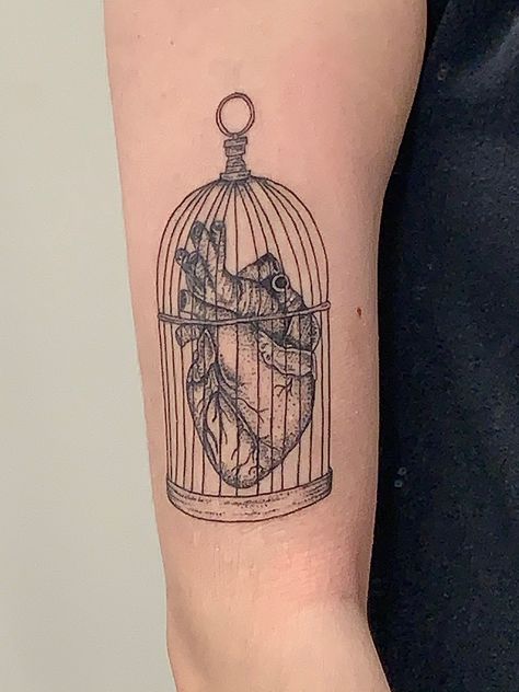 im obsessed artist : @/daiseydave_tattoos on ig Heart In A Cage Tattoo, Heart In A Cage, Obsessed Artist, Cage Tattoo, Cage Tattoos, Movie Tattoo, About Heart, Im Obsessed, Tattoo Meaning