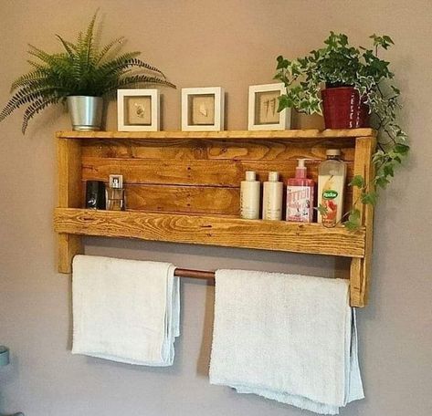 Half Bath Storage, Pallet Towel Rack, Wood Pallet Recycling, Pallet Wood Shelves, Pallet Wall Shelves, Diy Pallet Sofa, Rustic Inspiration, Wooden Pallet Furniture, Pallet Creations