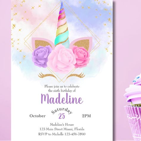 $3.08 | Pastel Rainbow Unicorn Birthday | Birthday Invitations | unicorn, birthday, pastel, geometric frame, gold, rainbow, pretty, classic, unicorn theme, unicorn invite Rainbow Unicorn Birthday Invitations, Rainbow Unicorn Invitations, Unicorn Invite, Unicorn Invitation, Unicorn Birthday Invitation, Rainbow Birthday Invitations, Pastel Birthday, Rainbow Unicorn Birthday, Unicorn Birthday Invitations