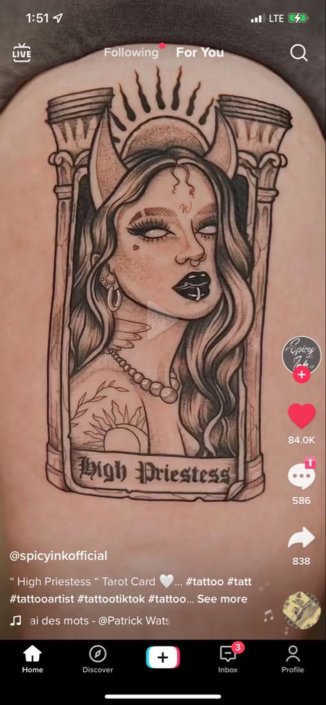 High Priestess Tattoo, Priestess Tattoo, Patrick Watson, Tarot Card Tattoo, Goddess Tattoo, Instagram Add, Floral Tattoo Sleeve, High Priestess, Card Tattoo