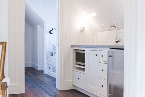 attic  wet bar/mini kitchen ////Washington School House Hotel in Park City,Utah Small Attic Renovation, White Beadboard, Attic Renovation Ideas, Rustic Wood Floors, Bed Nook, Attic Loft, Beadboard Backsplash, Penthouse Suite, Attic Bathroom