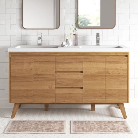 AllModern Frieda 60" Double Bathroom Vanity Base Only & Reviews | Wayfair Natural Wood Vanity Bathroom, Oak Vanity Bathroom, Mid Century Modern Bathroom, Wood Bathroom Vanity, Solid Wood Cabinets, Bathroom Vanity Base, Double Vanity Bathroom, Linen Cabinet, Double Bathroom