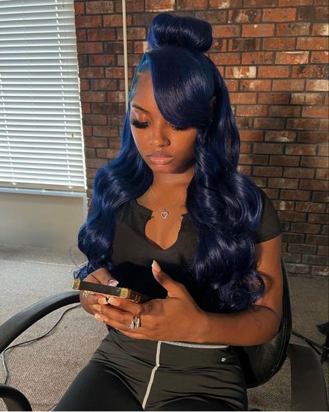 Blue Frontal Dark Skin, Royal Blue Hairstyles, Blue Hair For Black Women, Navy Blue Wig, Blue Hair Black Women, Laid Hairstyles, Trap Aesthetic, Blue Hairstyles, Midnight Blue Hair