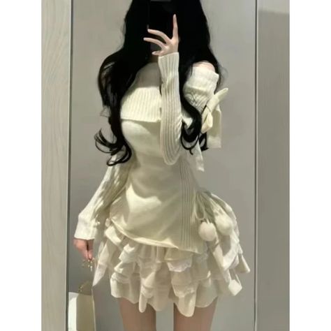 Just found this amazing item on AliExpress. Check it out! $24.97 | Autumn Winter Sweet Kawaii 2 Piece Set Woman Off Shoulder Bow Elastic Force Knitted Sweater + Cute Lace Mini Cake Skirt 2024 New Korean Clothing Brands, Winter Kawaii, Cake Skirt, Korean Fashion Casual, Mini Cake, Lace Decor, Knitted Tops, Long Sleeve Knit Sweaters, Woman Silhouette