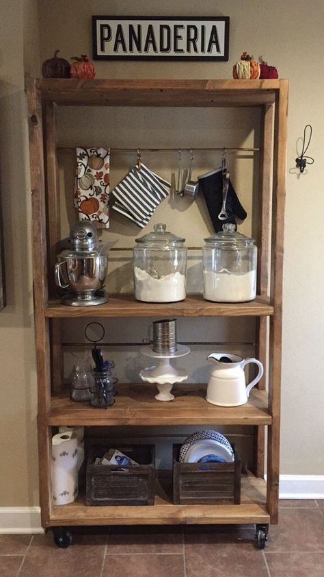 Diy Bakers Rack Ideas, Baking Cart Ideas, Diy Bakers Rack, Bakers Rack Ideas, Baking Cart, Bakers Rack, Diy Kitchen Storage, Baking Set, Industrial Farmhouse