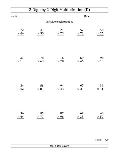 The Multiplying 2-Digit by 2-Digit Numbers (D) math worksheet from the Long Multiplication Worksheet page at Math-Drills.com. Long Multiplication Worksheets, Long Multiplication, Double Digit Multiplication, Free Multiplication Worksheets, Multiplication And Division Worksheets, Printable Multiplication Worksheets, Math Division Worksheets, Math Multiplication Worksheets, Math Fact Worksheets