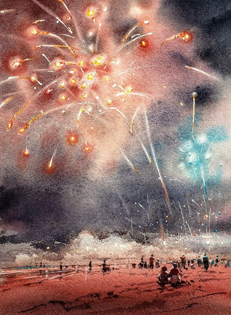 Festival Painting Watercolor, Fireworks Watercolor Painting, Watercolour Fireworks, Firework Watercolor, Fireworks Artwork, Fireworks Watercolor, Watercolor Fireworks, Fireworks Painting, Salt Watercolor