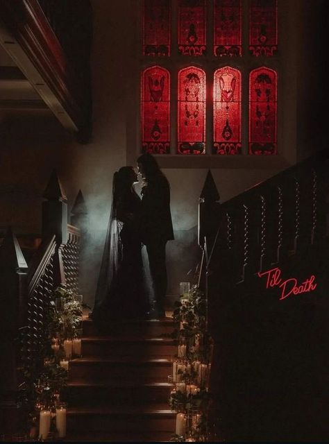 Vampiric Wedding, Alt Couple Aesthetic, Romantic Vampire Aesthetic, Grimm Aesthetic, Romantic Gothic Aesthetic, Romantic Goth Wedding, Tattooed Couple, Dark Romantic Wedding, Gothic Wedding Theme