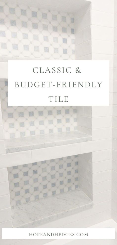 Floor and Decor tile is such a great option if you're on a budget. Whether you're looking for kitchen backsplash tile, bathroom floor tile, shower tile, or even shower niche tile, keep reading! I designed this Thassos tile basket weave marble mosaic shower niche with some of my FAVORITE classic tile (and affordable tile!) from Floor and Decor. Simple Tile Bathroom Ideas, Master Bath Tile Mood Board, Marble Tile Powder Room, White Herringbone Shower Floor, Classic Bathroom Tiles Design Ideas, Bria Hammel Interiors Bathroom, Modern Coastal Shower Tile Ideas, Primary Bath Tile Ideas, Marble Look Bathroom Floor