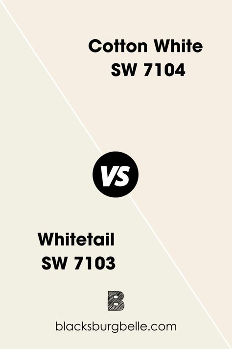 Whitetail has an LRV of 86 but apart from this, these paint colors are pretty similar. They have the same yellow undertone and can be interchangeable. Sw Cotton White, Sherwin Williams Cotton White, Sherwin Williams Cotton, Sw Whitetail, Tan Paint Colors, Warm Color Schemes, Best Paint Colors, White Paint Colors, White Tail