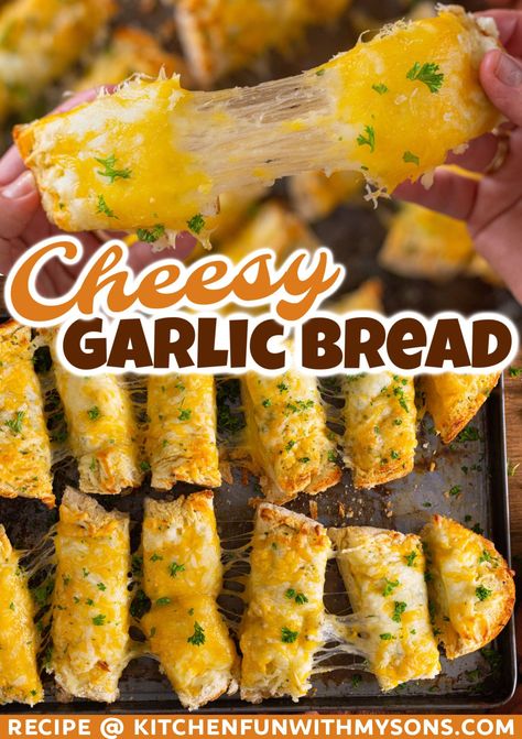 With 4 types of cheese and fresh minced garlic, this Cheesy Garlic Bread recipe is bursting with flavor. The perfect addition to spaghetti night, this garlic bread with cheese also makes a wonderful appetizer on its own. Garlic Bread With Cheese, Spaghetti Night, Bread With Cheese, Cheesy Garlic Bread Recipe, Spring Appetizers, Bread Kitchen, Budget Friendly Dinner, Garlic Cheese Bread, Garlic Bread Recipe