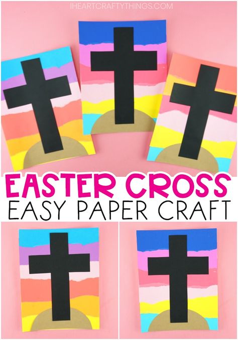 This simple Easter cross craft is packed full of color and fun for kids of all ages. Make this beautiful Easter craft for Sunday school or at home. #iheartcraftythings Good Friday Crafts, Easter Religious Crafts, Diy Osterschmuck, Easter Sunday School, Easter Crafts Preschool, Easter Arts And Crafts, Construction Paper Crafts, Fun Easter Crafts, Farmhouse Easter