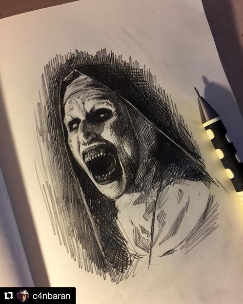 Valak Nun on Instagram: “#Repost @c4nbaran ・・・ Because I don’t have much material, I just drew a #nun sketch today. I didn’t see the film but it’s an enjoyable…” Nun Sketch, Character To Draw, Scary Dark, Scary Drawings, Horror Drawing, The Nun, Creepy Drawings, Horror Artwork, Joker Art