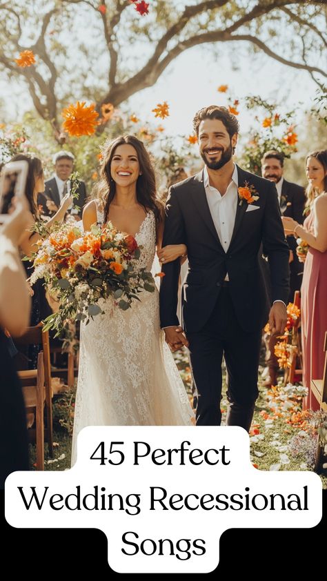 A couple joyfully walking down the aisle during their wedding recessional, accompanied by smiling guests and vibrant decorations, celebrating their new beginning with perfect wedding recessional songs. Ceremony Exit Songs, Recessional Wedding Songs, Wedding Ceremony Exit Songs, Wedding Songs List, Wedding Exit Songs, Wedding Recessional Songs, Wedding Recessional, Songs Ideas, Recessional Songs