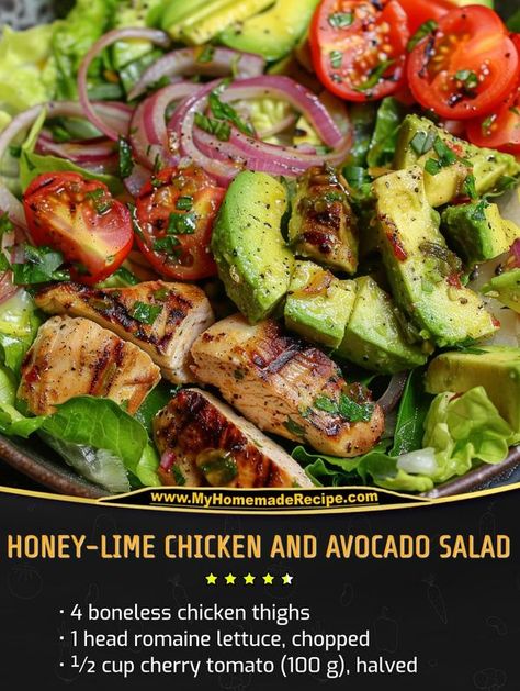 Honey Chili Lime Chicken, Honey Lime Chicken Avocado Rice Stack, Avocado Lime Chicken Salad, Honey Lime Chicken Bowl, Honey Lime Chicken Avocado Stack, Honey Lime Chicken, Honey Lime, Lettuce Salad, Boneless Chicken Thighs