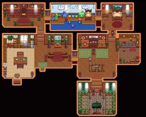 Stardew Valley House Interior Elliott, Stardew Valley House Layout, Stardew Valley House, Bleaching Clothes, Valley House, Stardew Valley Layout, Man Cave Basement, Farm Layout, House Layout