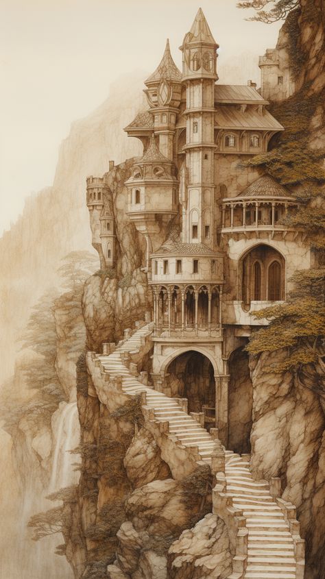 Small Castle Concept Art, Castle Aesthetic Painting, Fairy Castle Drawing, Fairytale Castle Drawing, Medevil Building, Elvish Castle, Castle Drawing Ideas, Fantasy Castle Drawing, Medieval Castle Art