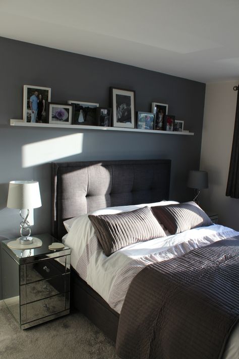 Grey bedroom , IKEA photo ledge with couple photos through to wedding. Grey Couple Bedroom Ideas, Grey And Neutral Bedroom Ikea Bed, Light Grey Mens Bedroom, Grey Bedroom Beds & Bed Frames, Men’s Bedroom Ideas Gray, Grey Floating Bedside Table, Floating Shelf Above Bed, Ikea Photo Ledge, Shelf Above Bed