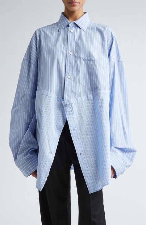 Balenciaga Cut Up Stripe Asymmetric Oversize Cotton Button-Up Shirt | Nordstrom Organza Tops, Off The Shoulder Top Outfit, Reworked Clothes, Upcycle Shirt, Fashion Design Portfolio, Fit Fashion, Cut Up, Fashion Victim, Tailored Shirts