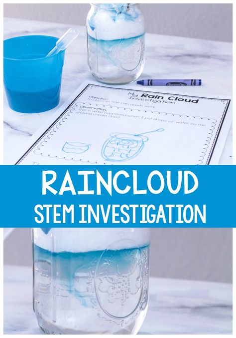 Rain cloud in a jar science experiment. This spring science activity is perfect for preschool, kindergarten and early elementary. Low-prep science for kids. #scienceforkids #scienceexperiments #STEM #preschool #weatherunit #scienceativity #kindergarten #preschool #freeprintable #scienceprintable #STEMprintable #STEMinvestigation #STEMforkids via @lifeovercs Rain Cloud In A Jar, Spring Science Activities, Elementary Science Experiments, Kindergarten Science Activities, Science Experiments Kids Elementary, Spring Science, Elementary Stem Activities, Stem Experiments, Experiments Kids