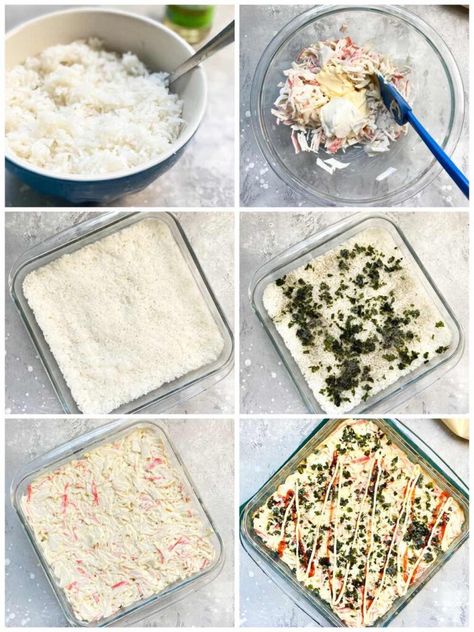 step-by-step photos to make sushi baked casserole Sushi Casserole, Recipes With Cream Cheese, Sushi Bake Recipe, Pork Spring Rolls, Sushi Bake, Cream Cheese Sauce, Make Sushi, Fusion Dishes, Seaweed Snacks