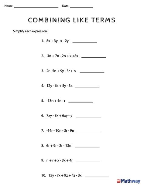 Want to practice 'Combining Like Terms'? Print out our worksheet and check your answer with our website- www.mathway.com. Grade 7 Math Worksheets With Answers, Algebra Equations Worksheets, Transformations Math, 8th Grade Math Worksheets, Math Helper, 9th Grade Math, 7th Grade Math Worksheets, Simplifying Algebraic Expressions, Elementary Homeschool