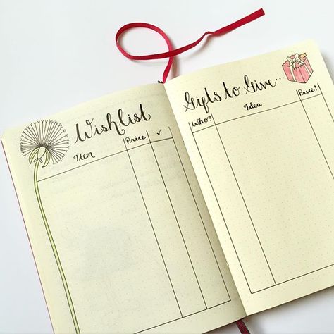 Created a wish list and gift ideas spread. For when you think of the perfect present for someone and when it is time to buy a present for them you can no longer remember what it was. Bullet Journal Wishlist, Diario Bullet, Bullet Journel, Bullet Journal Page, Bullet Journal Key, Bullet Journal Planner, Bullet Journal Ideas, Trip Planner, Bujo Inspiration