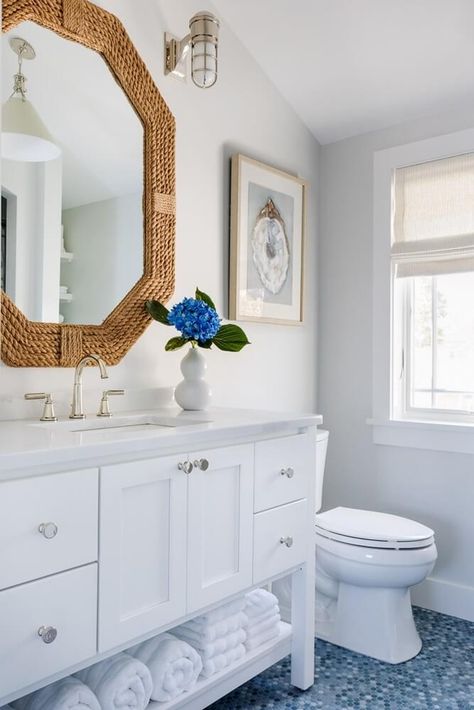 Poplar Point Summer Home Tour | SugarsBeach Ballard Designs Bathroom, Beach Style Bathroom Ideas, Beachy Bathroom Coastal Style, Coastal Bathroom Ideas, Blue Floor Tile, Easter House, Modern Floral Wallpaper, Beachy Bathroom, Bungalow Cottage