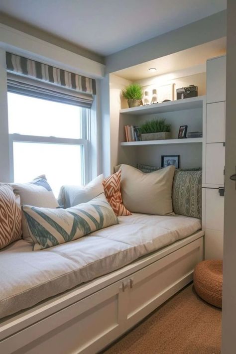 How to Organise a Small Bedroom and Increase Your Space - Melanie Jade Design Dressing Room In Small Bedroom, Daybed In Bedroom Ideas, Split Bedroom Ideas, Tiny Bedroom Layout, Bedroom Daybed, Daybed Ideas, Bedroom Window Seat, Alcove Bed, Drawer Spice Rack