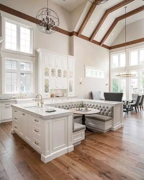 Xl Kitchen Island, Big Kitchen With Island, Kitchen Into Living Room, Double Island Kitchen Layout, Big Open Kitchen, Seating In Kitchen, Booth Seating In Kitchen, Clean Interior Design, Bulthaup Kitchen