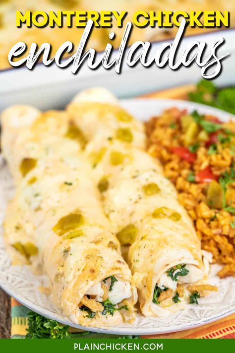 Monterey Chicken Enchiladas – chicken and spinach enchiladas with white sauce - our favorite chicken enchilada recipe! SO creamy and delicious! No cream of anything soup! Tortillas stuffed with chicken, spinach, fried onions, and Monterey jack cheese and topped with a quick white sauce made with flour, butter, chicken broth, sour cream, and green chiles. Ready in about 30 minutes. We love these easy creamy white chicken enchiladas! White Sauce Enchiladas, Plain Chicken Recipe, Enchiladas Chicken, Spinach Enchiladas, Monterey Chicken, White Chicken Enchiladas, Enchilada Recipe, Chicken Spinach, French Fried Onions