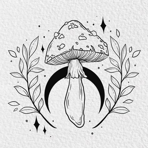 Mushroom with moon black work tattoo design Unique Mushroom Drawing, Magic Mushroom Drawing, Mushroom Tattoos Simple, Mushroom Scene, Flowers And Mushrooms, Mushroom Embroidery, Mushroom Tattoo, Planet Tattoos, Mushroom Tattoos