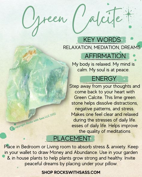 Crystal Healing Chart, Green Calcite, Magic Spell Book, Crystal Properties, Crystals Healing Properties, Spiritual Crystals, Relaxation Meditation, Crystal Therapy, Crystal Healing Stones