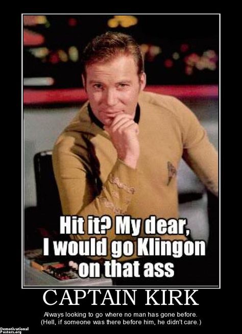 StarTrek: Hit it? My dear, I would go Kingon on that ass. Captain Kirk Funny, Human Genome, Star Trek Tv, Geeky Girls, Demotivational Posters, Captain Kirk, Star Trek Tos, Special Interest, Look At The Stars