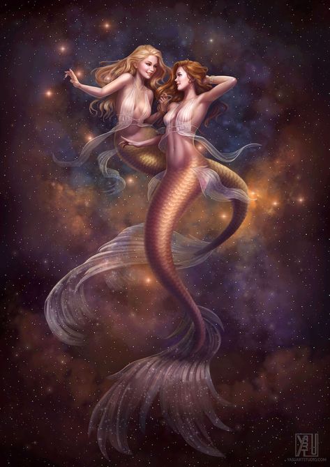 The Mermaid Zodiac: Gemini, Yasushi Matsuoka on ArtStation at https://www.artstation.com/artwork/xJAmV1 Mermaid Zodiac, Gemini Art, Gemini Constellation, Mermaid Images, Mermaid Illustration, Zodiac Gemini, Zodiac Signs Gemini, Beautiful Mermaids, Zodiac Art