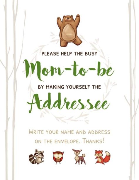 please-help-a-busy-mom-to-be-by-making-yourself-the-addressee-free-printable-woodland Thank You Card Address Station, Gift Station, Shower Colors, Party Planning 101, Baby Growth Chart, Baby Shower Dessert Table, Free Baby Shower, Baby Shower Thank You Cards, Baby Growth