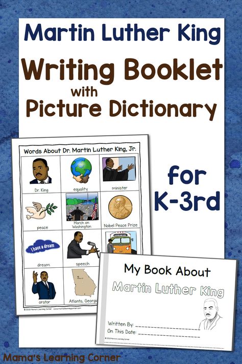 Martin Luther King Writing Booklet with Picture Dictionary Martin Luther King Jr Kindergarten, Color Dictionary, Martin Luther King Jr Activities, Winter Writing Prompts, King Craft, Learning Corner, Free Homeschool Printables, Writing Support, Dictionary Words