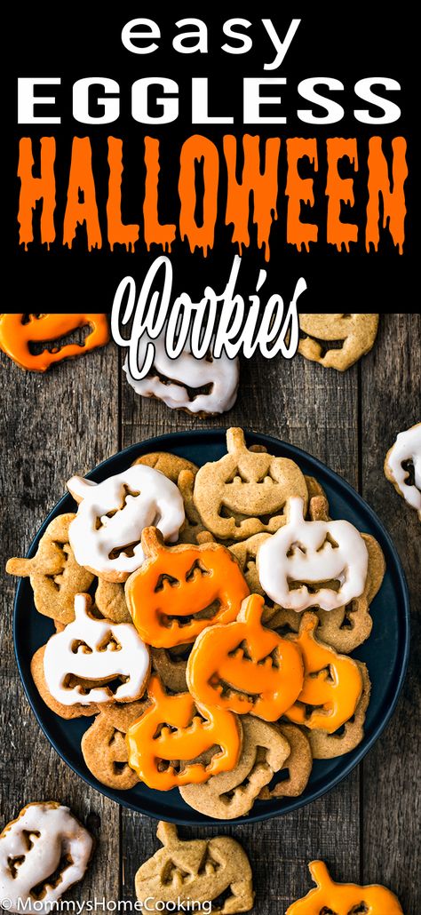 These Easy Eggless Halloween Cookies are super easy to make and delicious! With crispy edges and irresistible butter taste, these cookie recipe requires only 4 basic ingredients. #recipe #cookie #halloween #eggless #eggfree #egglessbaking #easy Spice Desserts, Halloween Cookies Recipes, Easy Halloween Cookies Recipes, October Recipes, Cookies Recipes Easy, Cookie Halloween, Eggless Cookie Recipes, Latino Food, Eggless Cookies