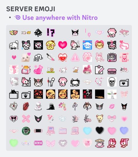 #discordserver #discord #icons #emojis #cute #pink Cute Discord Server Emojis, Sanrio Discord Emoji, Pixel Emojis Discord, Sanrio Emojis For Discord, Stickers For Discord Servers, Emojis For Discord Servers, Cute Discord Stickers, Cute Discord Status, Animated Emojis Discord