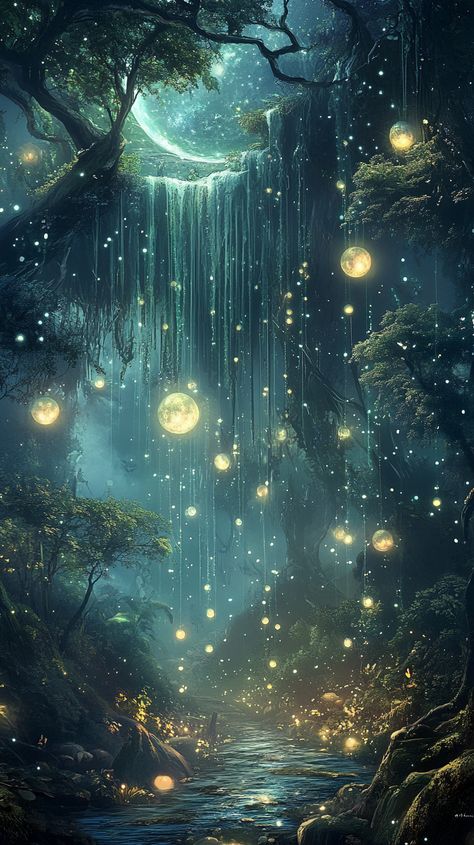 A whimsical forest with floating orbs, giant flowers whispering secrets, and a river of starlight, where mythical creatures dance under a sky filled with luminous moons. Magic Willow Tree, Celestial Magic Aesthetic, Fairy Land Magical Forest, Forest Creatures Mythical, Magic Forest Aesthetic, Fairy Forest Aesthetic, Fey Aesthetic, Magical Forest Aesthetic, Enchanted Forest Aesthetic