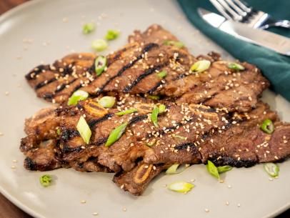 Grilled Korean BBQ Beef Short Ribs Recipe | Jet Tila | Food Network Food Network The Kitchen, La Galbi, Korean Bbq Short Ribs, Korean Bbq Ribs, Korean Bbq At Home, Chef Jet Tila, Bbq Beef Short Ribs, Bbq Beef Ribs, Jet Tila