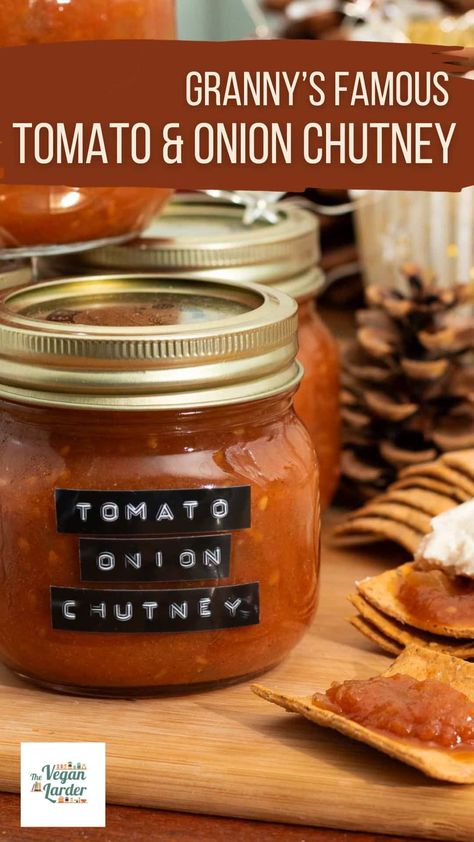 Tomato and Onion Chutney (Granny's Relish) Sweet Tomato Chutney, Tomatoe Relish Recipe, Red Tomato Relish, Tomato Chutney Recipes Homemade, Easy Tomato Chutney Recipes, Easy Tomato Chutney, Chutney Recipes Easy, Tomato Relish Canning Recipe, Tomato Onion Chutney