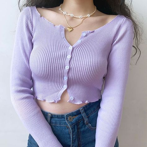 fddd7938a71db5f81fcc621673ab67b7desc39070387ri Dr Shoes, Y2k Tops, Bodycon Dresses Casual, Cropped Cardigan Sweater, Long Sleeve Jumper, Top Outfit, Ribbed Knit Top, Purple Top, Button Top