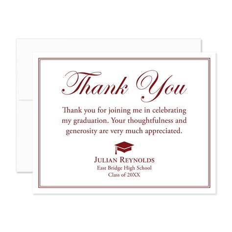 PRICES MAY VARY. Graduation Thank You Cards: 5.5x4.25" flat, black and white thank you notecards with envelopes. The back of the notecard will be blank white. Event-Worthy Paper: Our notecards are printed on 120 lb. white cover stock with a timeless eggshell texture. Matching white envelopes are included. Personalize It! - Enter the graduate's name, school, and graduation year, and select your desired number of notecards (minimum of 10) in the “Customize Now” section. Optional Add-on: Return add Red Office, Hello Love, Graduation Thank You Cards, Graduation Year, Thank You Note Cards, High School Classes, White Cover, Cards With Envelopes, Maroon Red