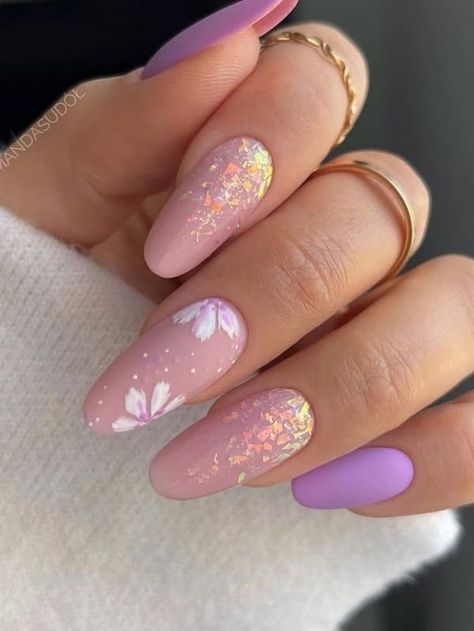 lavender nails with glitter and flowers Image Nails, Purple Nail Designs, Lavender Nails, Floral Nail Designs, Purple Nail, Flower Nail Designs, Nails 2023, Easter Nails, Pastel Nails